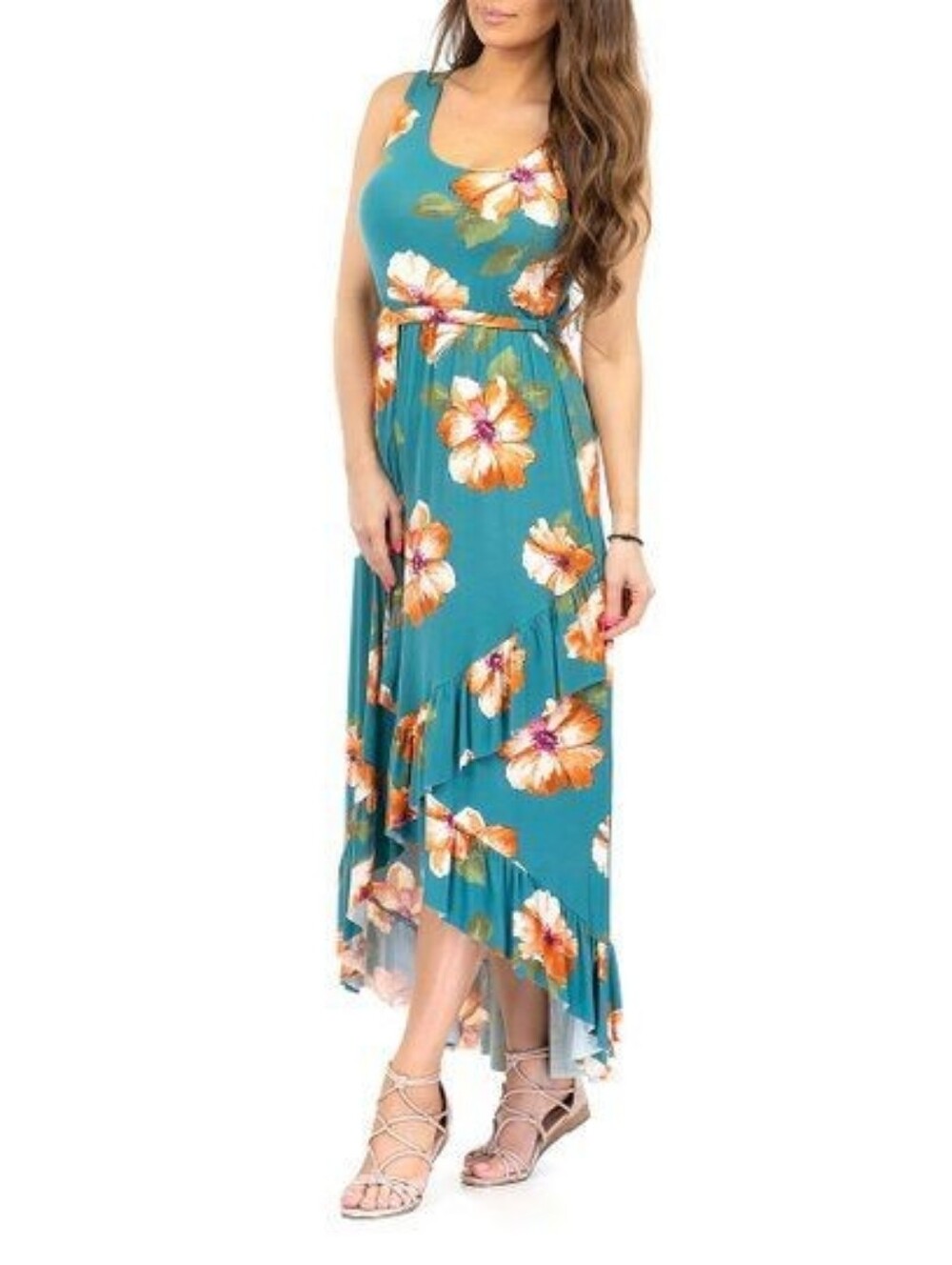 Floral Teal High-low Dress with Belt